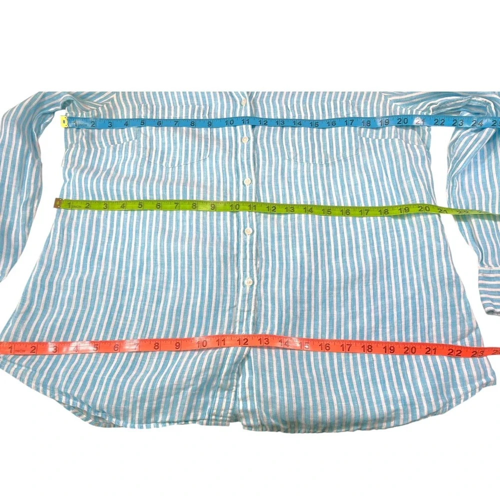 Talbots Large Blue Striped Linen Button Up Shirt Long Sleeve Coastal Preppy - Picture 7 of 8